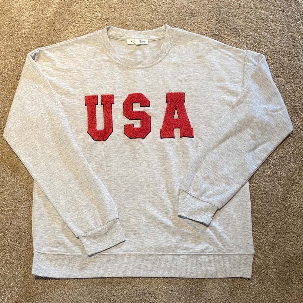 Workshop Cozycore Lightweight 3D USA Sweatshirt Crew Neck Pullover Gray Red M